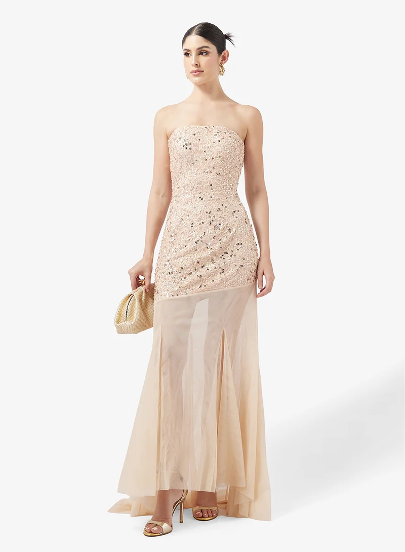 Little Mistress  Embellished Mesh Bandeau Detail Maxi Dress for Women | Best Price UAE